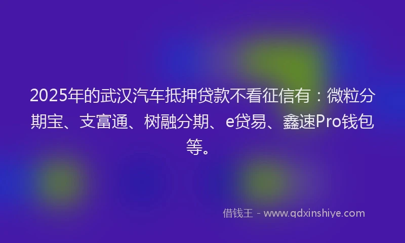 2025年的武汉汽车抵押贷款不看征信有：微粒分期宝、支富通、树融分期、e贷易、鑫速Pro钱包等。