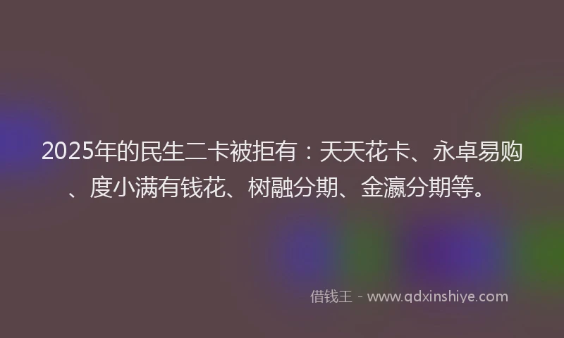 2025年的民生二卡被拒有：天天花卡、永卓易购、度小满有钱花、树融分期、金瀛分期等。