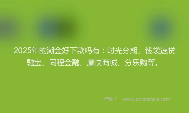 2025年的潮金好下款吗有：时光分期、钱袋速贷融宝、同程金融、魔快商城、分乐购等。