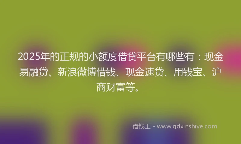 2025年的正规的小额度借贷平台有哪些有：现金易融贷、新浪微博借钱、现金速贷、用钱宝、沪商财富等。