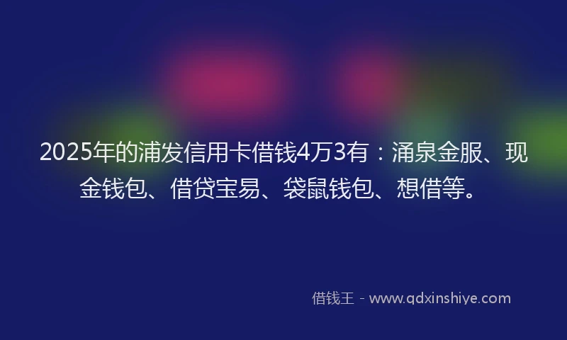 2025年的浦发信用卡借钱4万3有：涌泉金服、现金钱包、借贷宝易、袋鼠钱包、想借等。