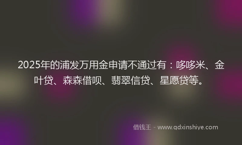 2025年的浦发万用金申请不通过有：哆哆米、金叶贷、森森借呗、翡翠信贷、星愿贷等。
