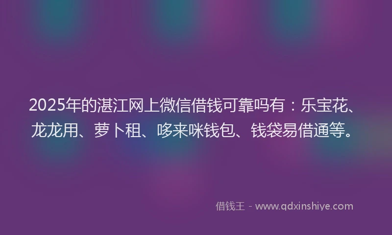 2025年的湛江网上微信借钱可靠吗有：乐宝花、龙龙用、萝卜租、哆来咪钱包、钱袋易借通等。