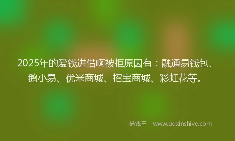 2025年的爱钱进借啊被拒原因有：融通易钱包、鹅小易、优米商城、招宝商城、彩虹花等。