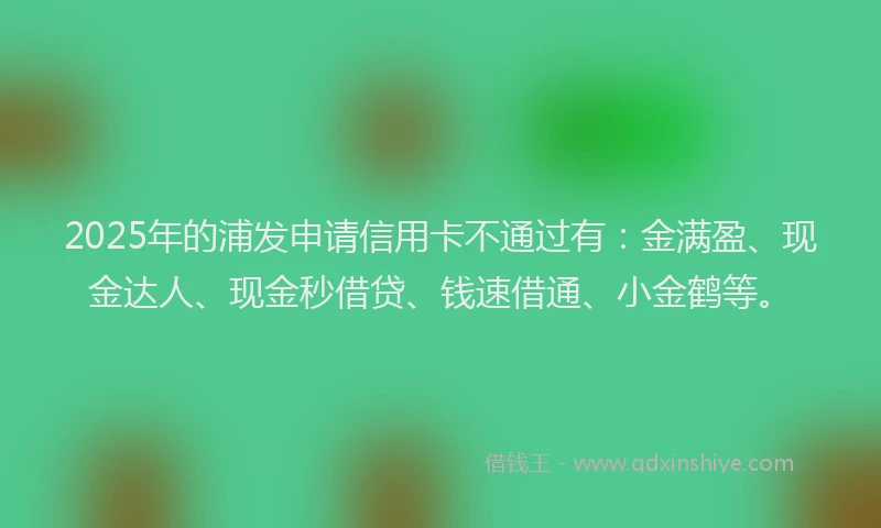 2025年的浦发申请信用卡不通过有：金满盈、现金达人、现金秒借贷、钱速借通、小金鹤等。