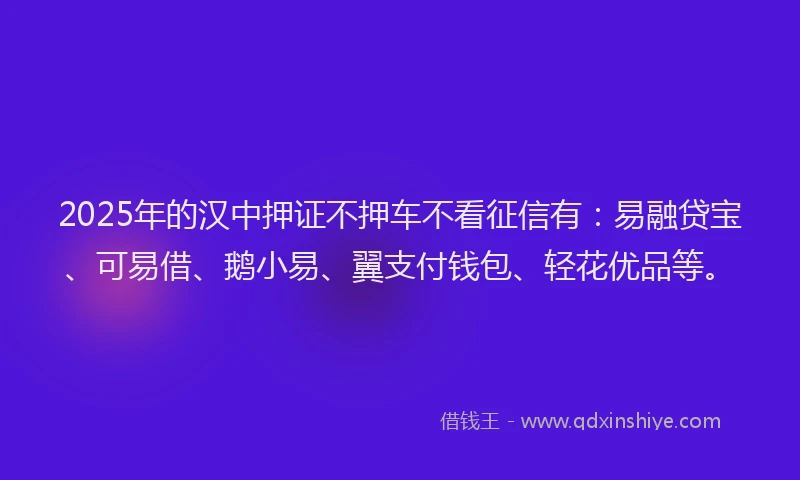 2025年的汉中押证不押车不看征信有：易融贷宝、可易借、鹅小易、翼支付钱包、轻花优品等。