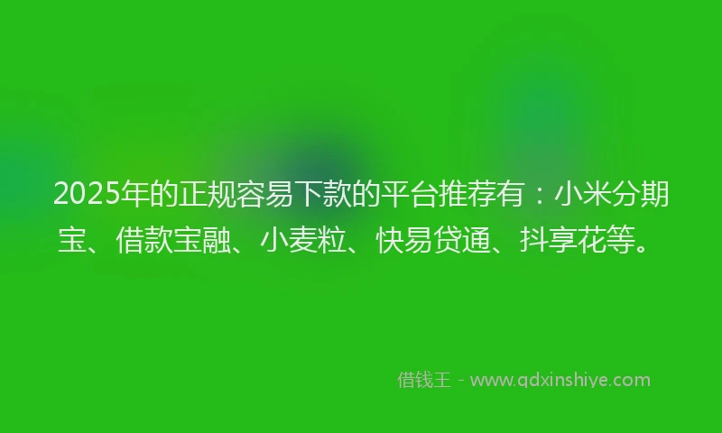 2025年的正规容易下款的平台推荐有：小米分期宝、借款宝融、小麦粒、快易贷通、抖享花等。
