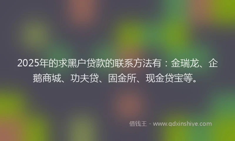 2025年的求黑户贷款的联系方法有：金瑞龙、企鹅商城、功夫贷、固金所、现金贷宝等。