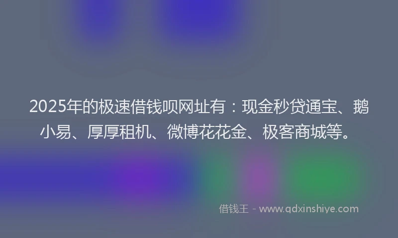 2025年的极速借钱呗网址有：现金秒贷通宝、鹅小易、厚厚租机、微博花花金、极客商城等。