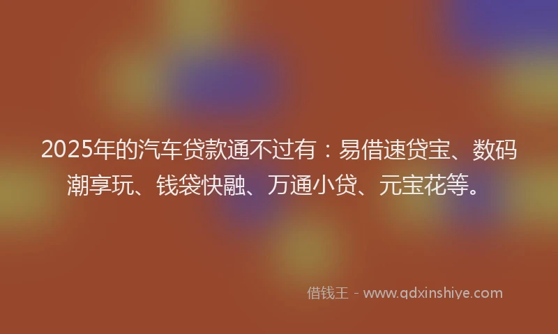 2025年的汽车贷款通不过有：易借速贷宝、数码潮享玩、钱袋快融、万通小贷、元宝花等。