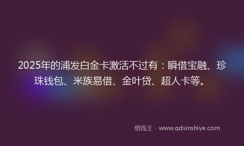 2025年的浦发白金卡激活不过有：瞬借宝融、珍珠钱包、米族易借、金叶贷、超人卡等。