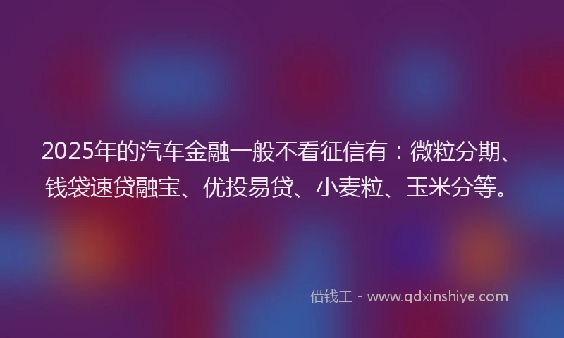 2025年的汽车金融一般不看征信有：微粒分期、钱袋速贷融宝、优投易贷、小麦粒、玉米分等。