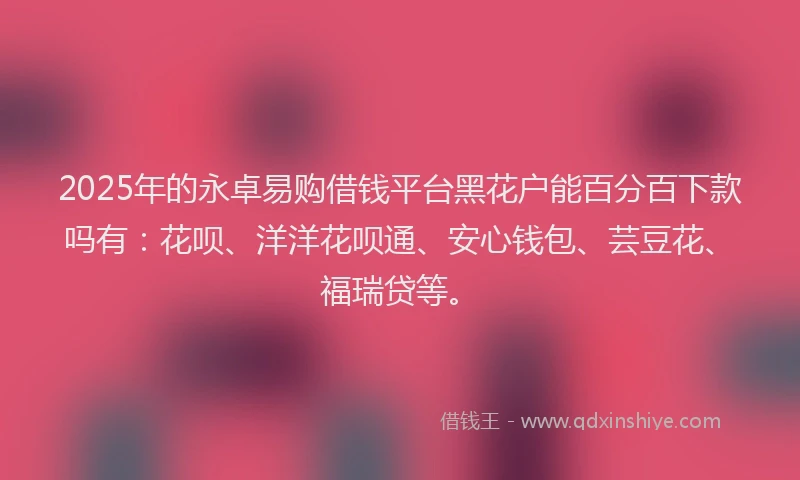 2025年的永卓易购借钱平台黑花户能百分百下款吗有：花呗、洋洋花呗通、安心钱包、芸豆花、福瑞贷等。