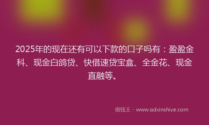 2025年的现在还有可以下款的口子吗有：盈盈金科、现金白鸽贷、快借速贷宝盒、全金花、现金直融等。