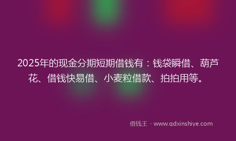 2025年的现金分期短期借钱有：钱袋瞬借、葫芦花、借钱快易借、小麦粒借款、拍拍用等。