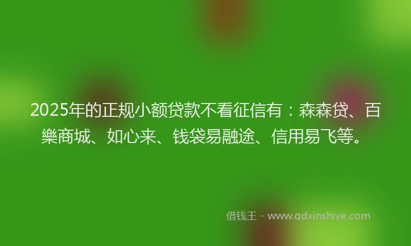 2025年的正规小额贷款不看征信有：森森贷、百樂商城、如心来、钱袋易融途、信用易飞等。