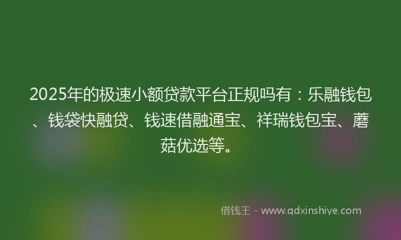 2025年的极速小额贷款平台正规吗有：乐融钱包、钱袋快融贷、钱速借融通宝、祥瑞钱包宝、蘑菇优选等。
