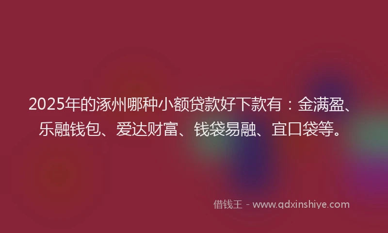 2025年的涿州哪种小额贷款好下款有：金满盈、乐融钱包、爱达财富、钱袋易融、宜口袋等。