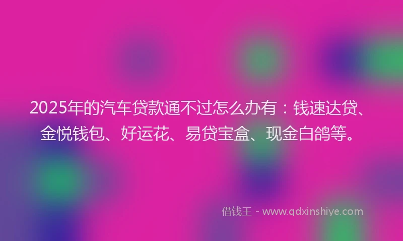 2025年的汽车贷款通不过怎么办有：钱速达贷、金悦钱包、好运花、易贷宝盒、现金白鸽等。