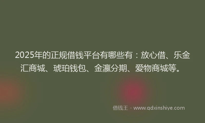 2025年的正规借钱平台有哪些有：放心借、乐金汇商城、琥珀钱包、金瀛分期、爱物商城等。