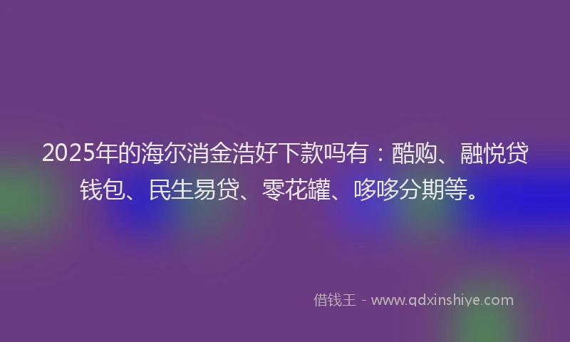 2025年的海尔消金浩好下款吗有：酷购、融悦贷钱包、民生易贷、零花罐、哆哆分期等。