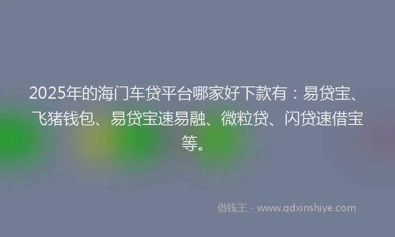 2025年的海门车贷平台哪家好下款有：易贷宝、飞猪钱包、易贷宝速易融、微粒贷、闪贷速借宝等。