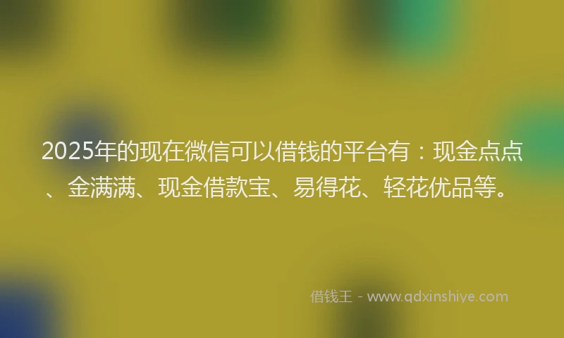 2025年的现在微信可以借钱的平台有：现金点点、金满满、现金借款宝、易得花、轻花优品等。