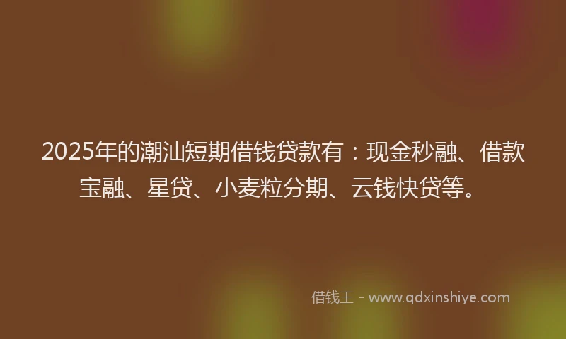 2025年的潮汕短期借钱贷款有：现金秒融、借款宝融、星贷、小麦粒分期、云钱快贷等。