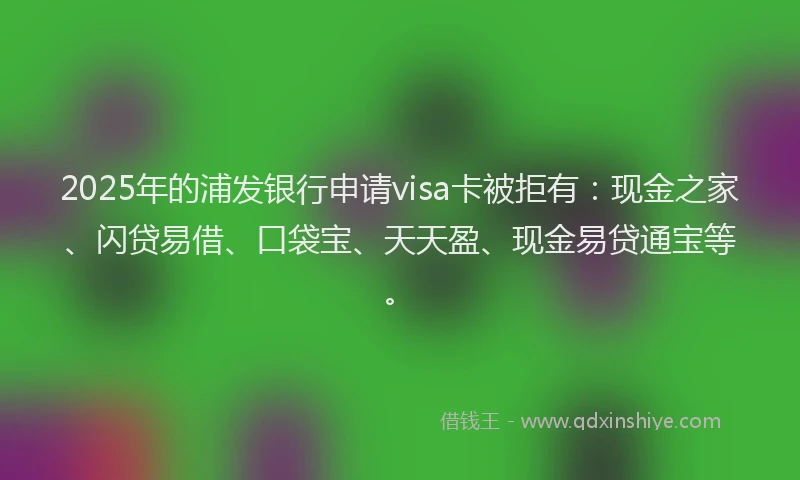 2025年的浦发银行申请visa卡被拒有：现金之家、闪贷易借、口袋宝、天天盈、现金易贷通宝等。