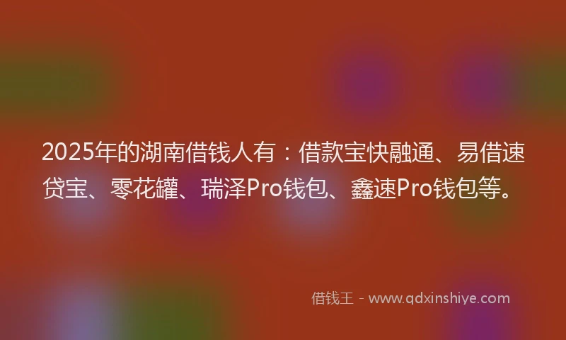 2025年的湖南借钱人有：借款宝快融通、易借速贷宝、零花罐、瑞泽Pro钱包、鑫速Pro钱包等。