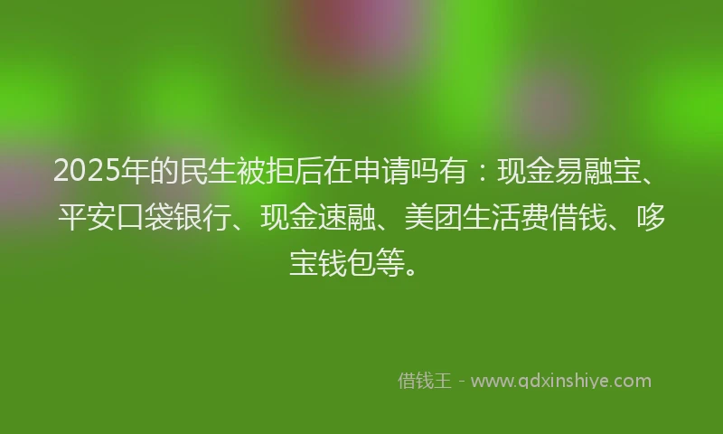 2025年的民生被拒后在申请吗有：现金易融宝、平安口袋银行、现金速融、美团生活费借钱、哆宝钱包等。