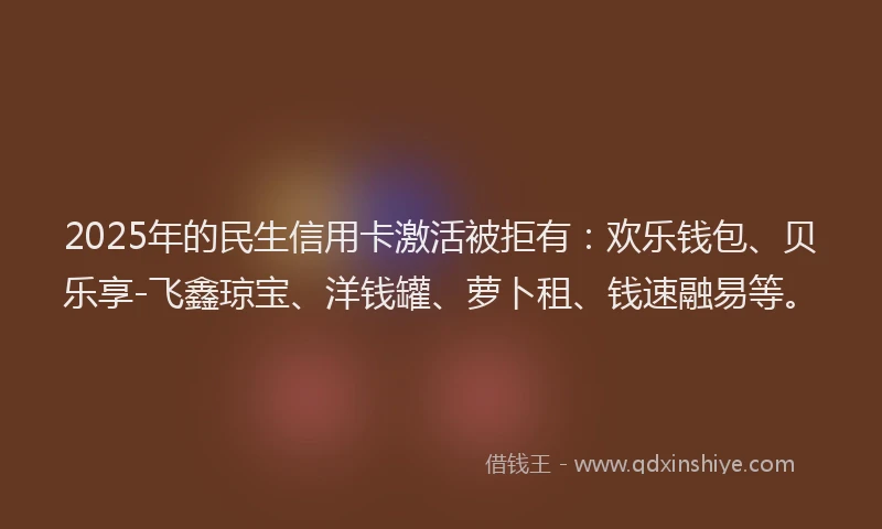 2025年的民生信用卡激活被拒有：欢乐钱包、贝乐享-飞鑫琼宝、洋钱罐、萝卜租、钱速融易等。