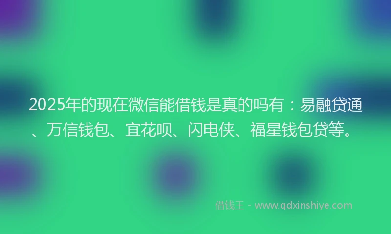 2025年的现在微信能借钱是真的吗有：易融贷通、万信钱包、宜花呗、闪电侠、福星钱包贷等。
