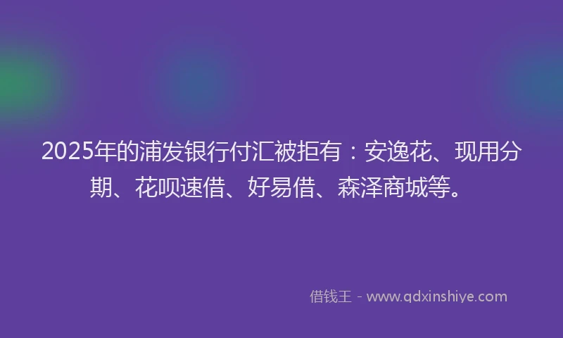 2025年的浦发银行付汇被拒有：安逸花、现用分期、花呗速借、好易借、森泽商城等。