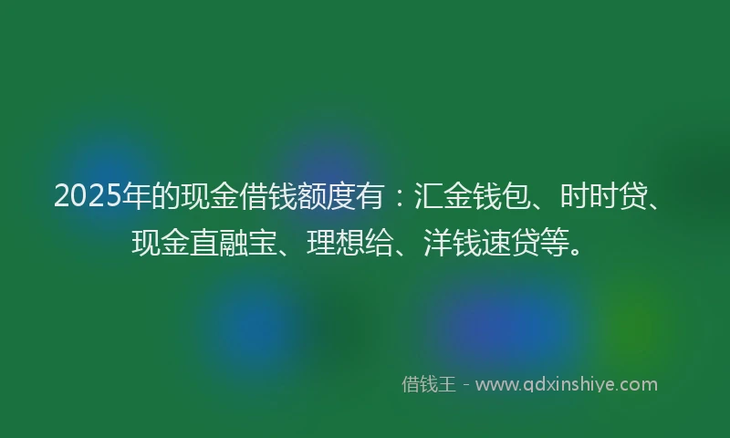 2025年的现金借钱额度有：汇金钱包、时时贷、现金直融宝、理想给、洋钱速贷等。