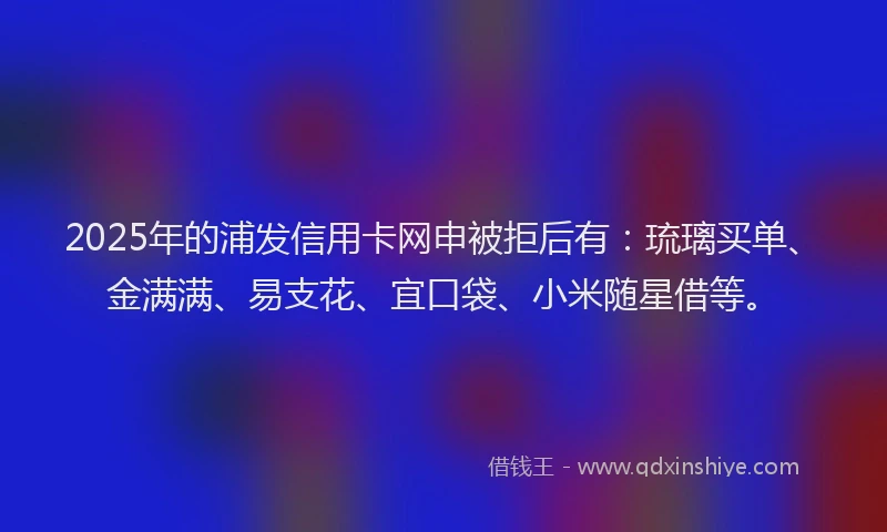2025年的浦发信用卡网申被拒后有：琉璃买单、金满满、易支花、宜口袋、小米随星借等。