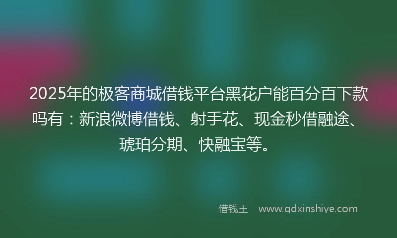 2025年的极客商城借钱平台黑花户能百分百下款吗有：新浪微博借钱、射手花、现金秒借融途、琥珀分期、快融宝等。