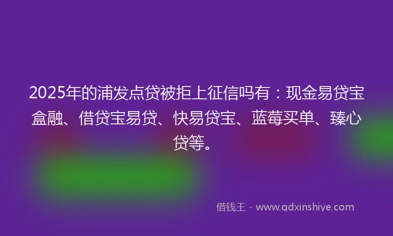 2025年的浦发点贷被拒上征信吗有：现金易贷宝盒融、借贷宝易贷、快易贷宝、蓝莓买单、臻心贷等。