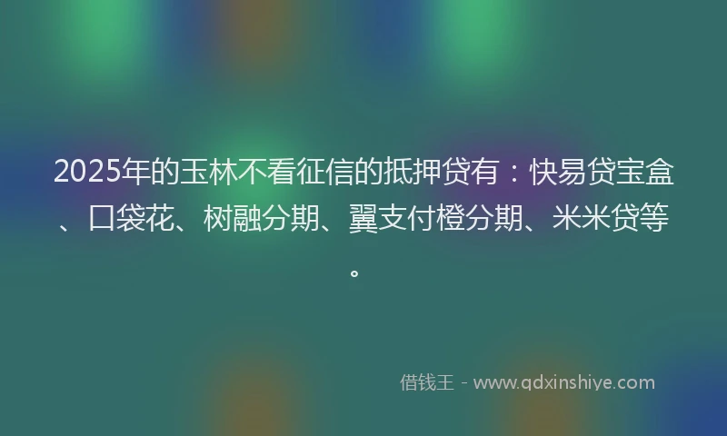 2025年的玉林不看征信的抵押贷有：快易贷宝盒、口袋花、树融分期、翼支付橙分期、米米贷等。