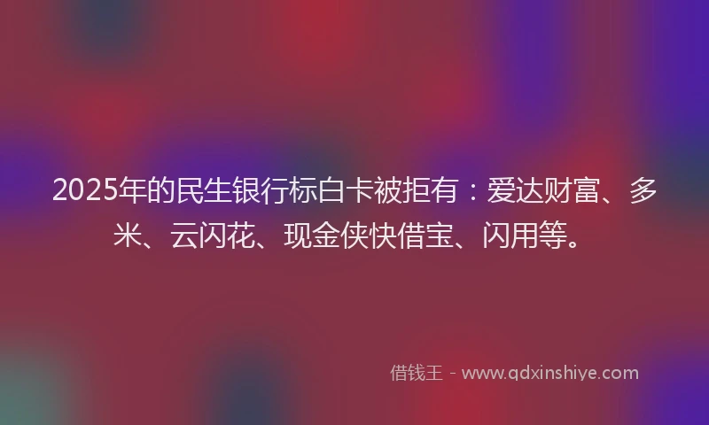 2025年的民生银行标白卡被拒有：爱达财富、多米、云闪花、现金侠快借宝、闪用等。