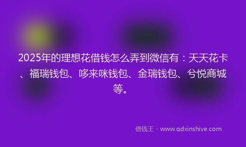 2025年的理想花借钱怎么弄到微信有：天天花卡、福瑞钱包、哆来咪钱包、金瑞钱包、兮悦商城等。