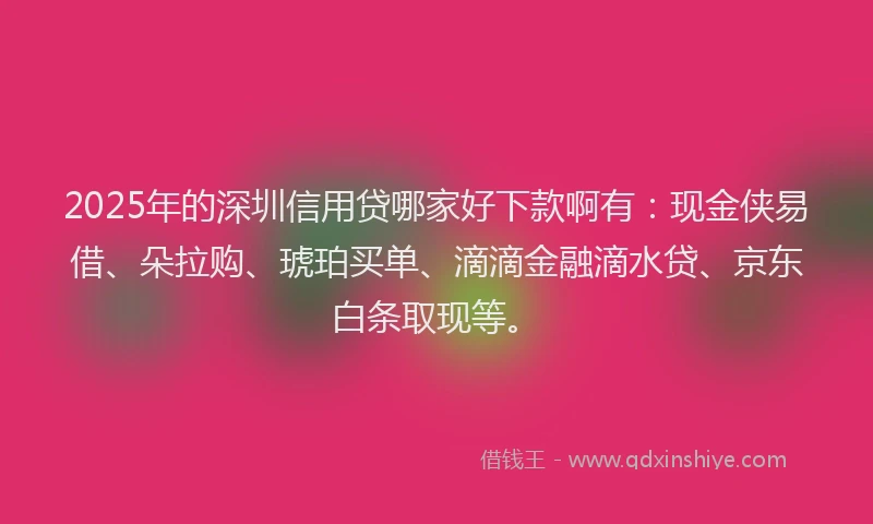 2025年的深圳信用贷哪家好下款啊有：现金侠易借、朵拉购、琥珀买单、滴滴金融滴水贷、京东白条取现等。