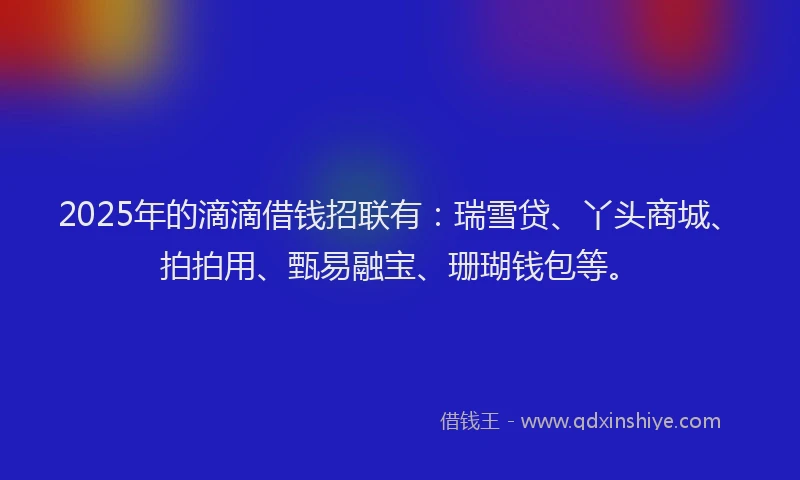 2025年的滴滴借钱招联有：瑞雪贷、丫头商城、拍拍用、甄易融宝、珊瑚钱包等。