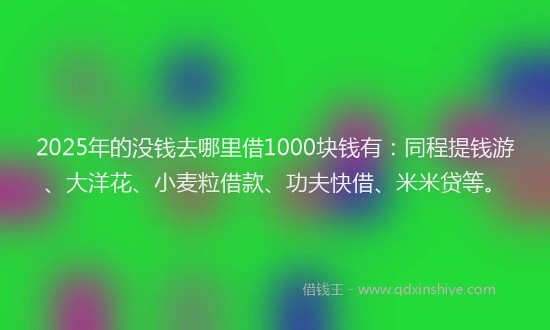 2025年的没钱去哪里借1000块钱有：同程提钱游、大洋花、小麦粒借款、功夫快借、米米贷等。