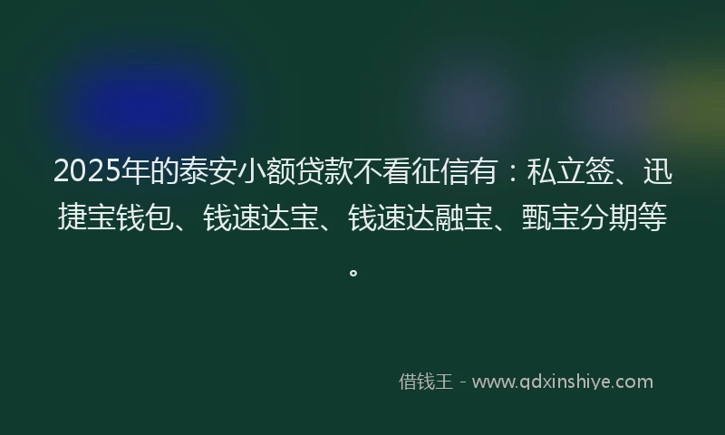 2025年的泰安小额贷款不看征信有：私立签、迅捷宝钱包、钱速达宝、钱速达融宝、甄宝分期等。