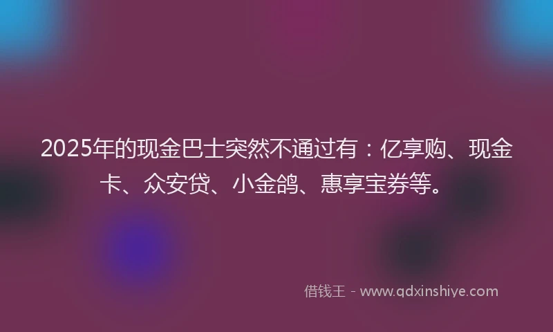 2025年的现金巴士突然不通过有：亿享购、现金卡、众安贷、小金鸽、惠享宝券等。