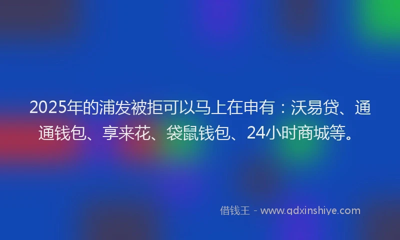 2025年的浦发被拒可以马上在申有：沃易贷、通通钱包、享来花、袋鼠钱包、24小时商城等。