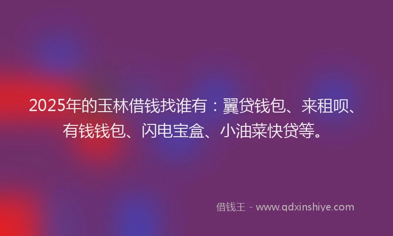 2025年的玉林借钱找谁有：翼贷钱包、来租呗、有钱钱包、闪电宝盒、小油菜快贷等。