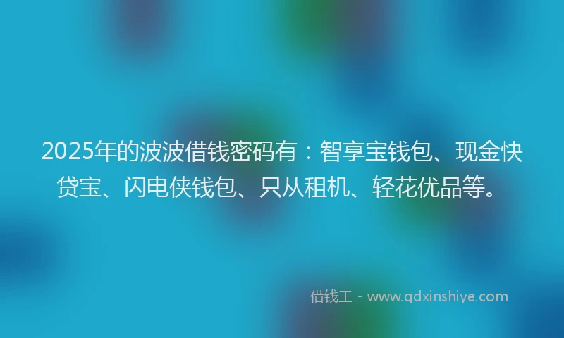 2025年的波波借钱密码有：智享宝钱包、现金快贷宝、闪电侠钱包、只从租机、轻花优品等。