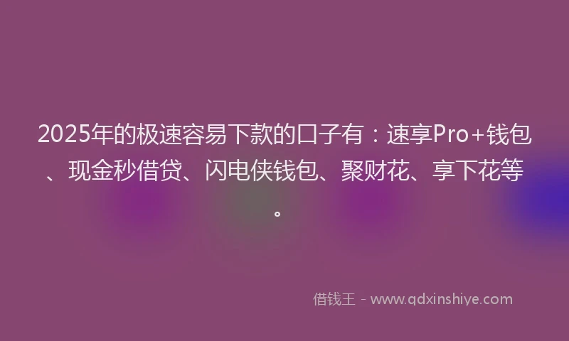 2025年的极速容易下款的口子有：速享Pro+钱包、现金秒借贷、闪电侠钱包、聚财花、享下花等。